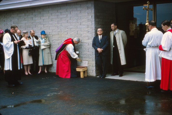 Bishop Persell laying cornerstone 8 May 1966